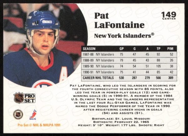 1991-92 Pro Set NHL Pat LaFontaine #149 (Back)