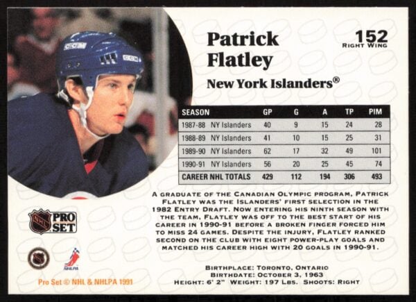 1991-92 Pro Set NHL Patrick Flatley #152 (Back)