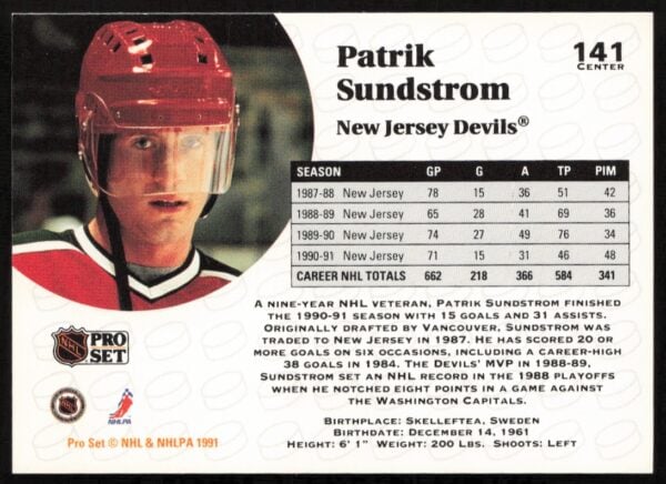 1991-92 Pro Set NHL Patrik Sundstrom #141 (Back)