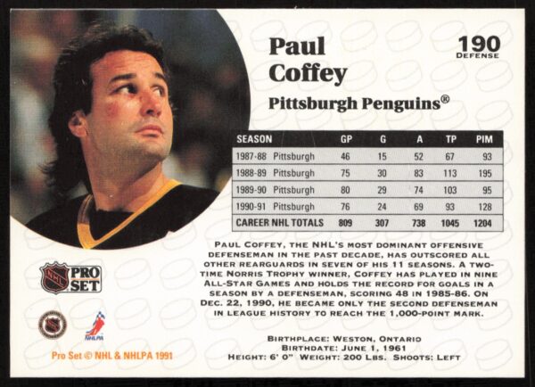 1991-92 Pro Set NHL Paul Coffey #190 (Back)