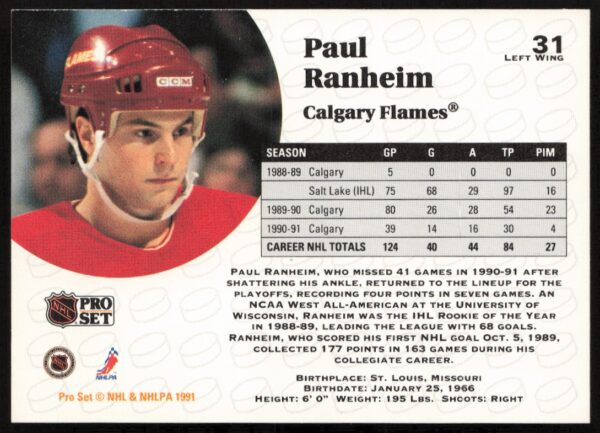 1991-92 Pro Set NHL Paul Ranheim #31 (Back)