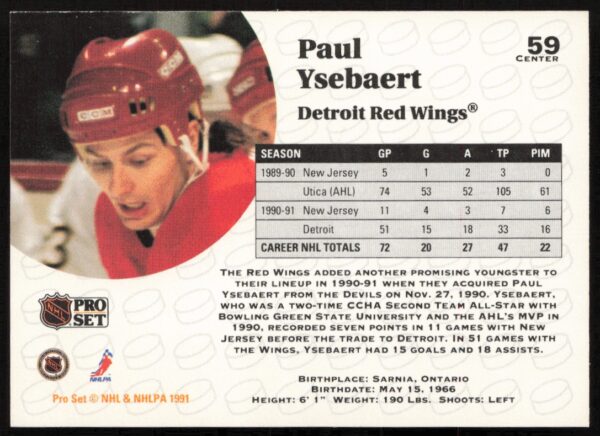 1991-92 Pro Set NHL Paul Ysebaert #59 (Back)