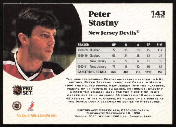 1991-92 Pro Set NHL Peter Stastny #143 (Back)