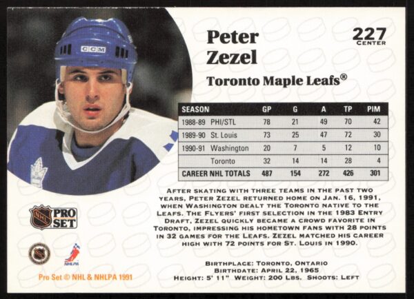 1991-92 Pro Set NHL Peter Zezel #227 (Back)