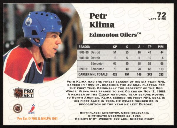 1991-92 Pro Set NHL Petr Klima #72 (Back)