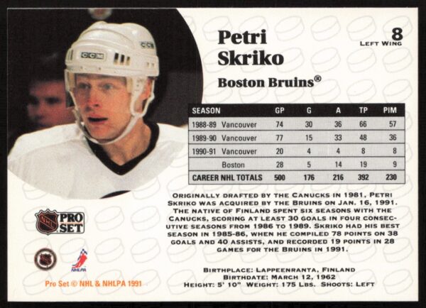 1991-92 Pro Set NHL Petri Skriko #8 (Back)