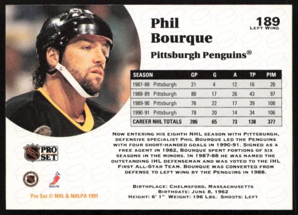 1991-92 Pro Set NHL Phil Bourque #189 (Back)