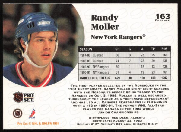 1991-92 Pro Set NHL Randy Moller #163 (Back)