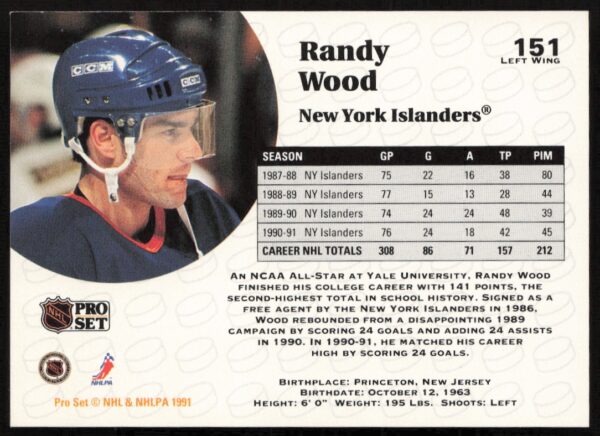 1991-92 Pro Set NHL Randy Wood #151 (Back)