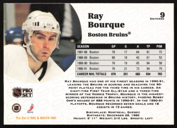 1991-92 Pro Set NHL Ray Bourque #9 (Back)