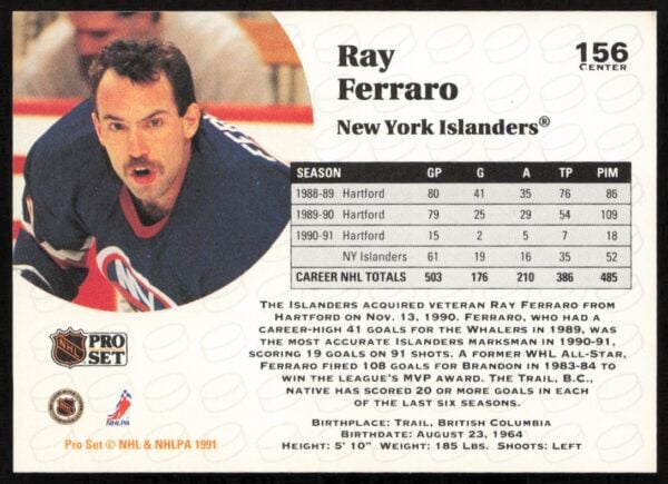 1991-92 Pro Set NHL Ray Ferraro #156 (Back)