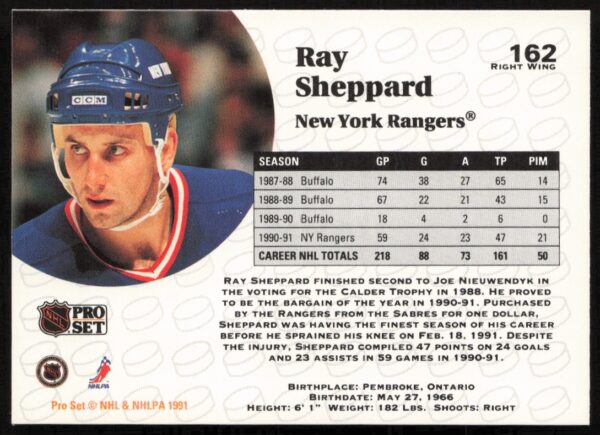 1991-92 Pro Set NHL Ray Sheppard #162 (Back)