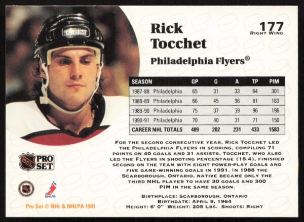 1991-92 Pro Set NHL Rick Tocchet #177 (Back)