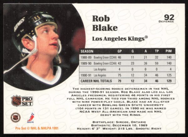 1991-92 Pro Set NHL Rob Blake #92 (Back)