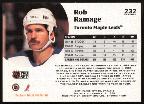 1991-92 Pro Set NHL Rob Ramage #232 (Back)