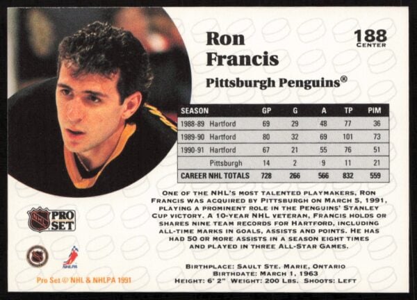 1991-92 Pro Set NHL Ron Francis #188 (Back)