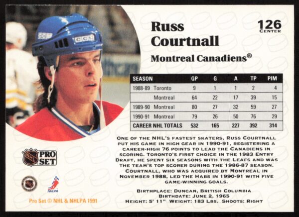 1991-92 Pro Set NHL Russ Courtnall #126 (Back)