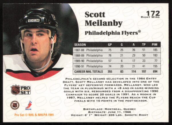 1991-92 Pro Set NHL Scott Mellanby #172 (Back)