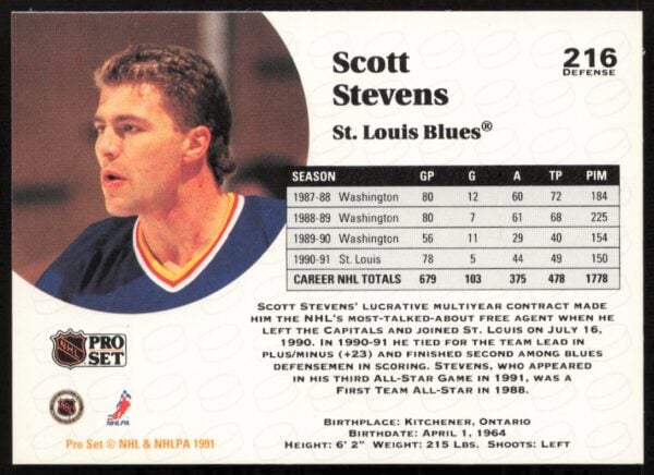 1991-92 Pro Set NHL Scott Stevens #216 (Back)