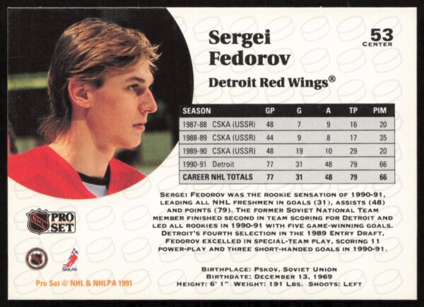 1991-92 Pro Set NHL Sergei Fedorov #53 (Back)