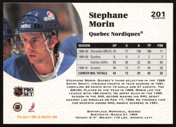 1991-92 Pro Set NHL Stephane Morin #201 (Back)