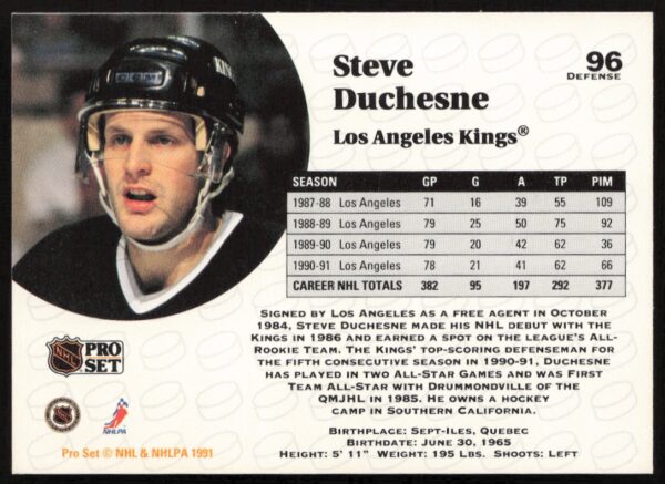 1991-92 Pro Set NHL Steve Duchesne #96 (Back)