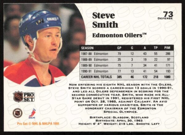 1991-92 Pro Set NHL Steve Smith #73 (Back)