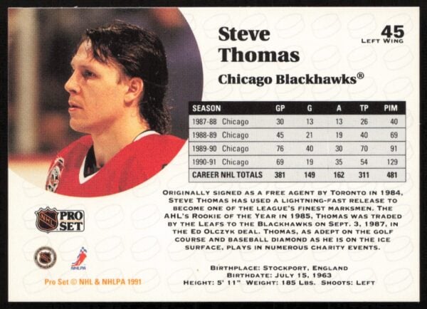 1991-92 Pro Set NHL Steve Thomas #45 (Back)