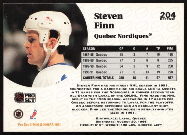 1991-92 Pro Set NHL Steven Finn #204 (Back)