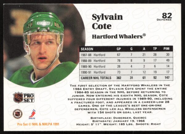 1991-92 Pro Set NHL Sylvain Cote #82 (Back)