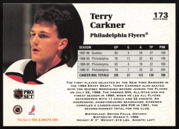 1991-92 Pro Set NHL Terry Carkner #173 (Back)