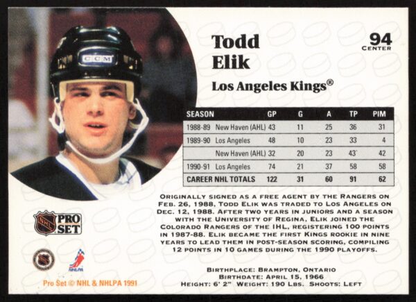 1991-92 Pro Set NHL Todd Elik #94 (Back)