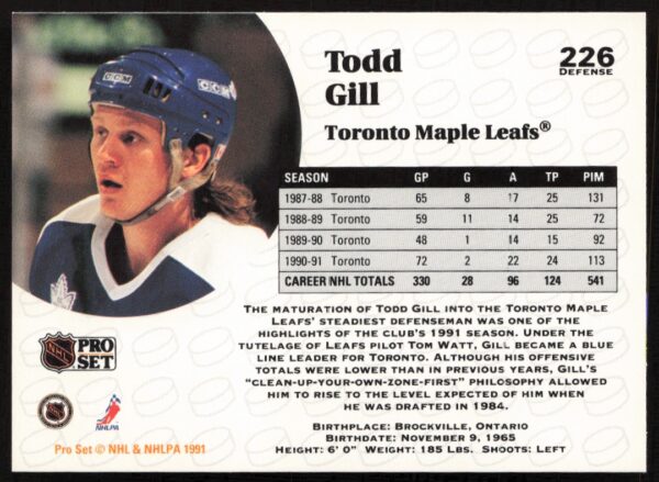 1991-92 Pro Set NHL Todd Gill #226 (Back)