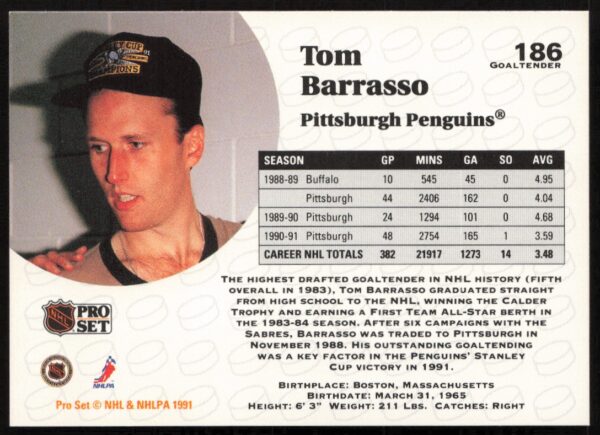 1991-92 Pro Set NHL Tom Barrasso #186 (Back)