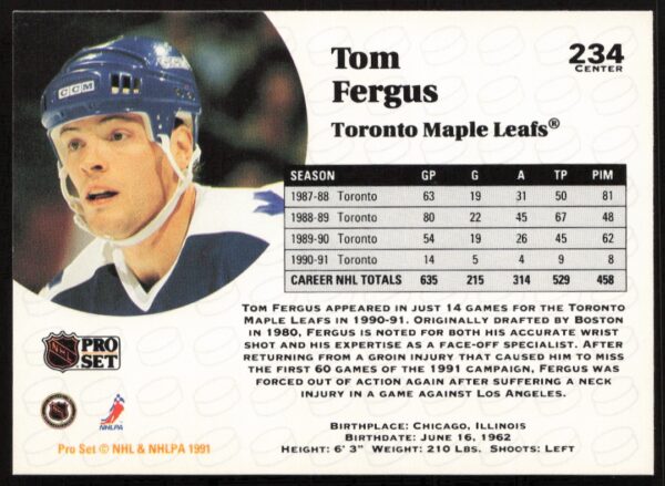 1991-92 Pro Set NHL Tom Fergus #234 (Back)