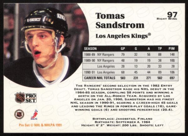 1991-92 Pro Set NHL Tomas Sandstrom #97 (Back)