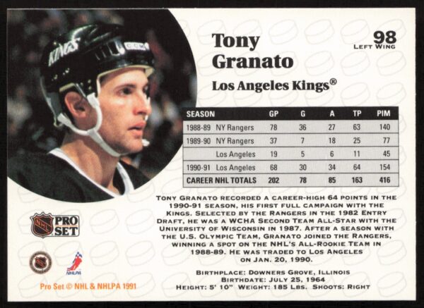 1991-92 Pro Set NHL Tony Granato #98 (Back)