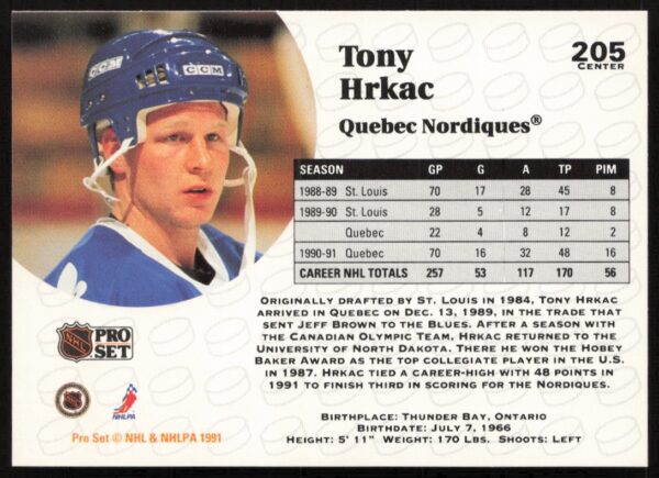 1991-92 Pro Set NHL Tony Hrkac #205 (Back)
