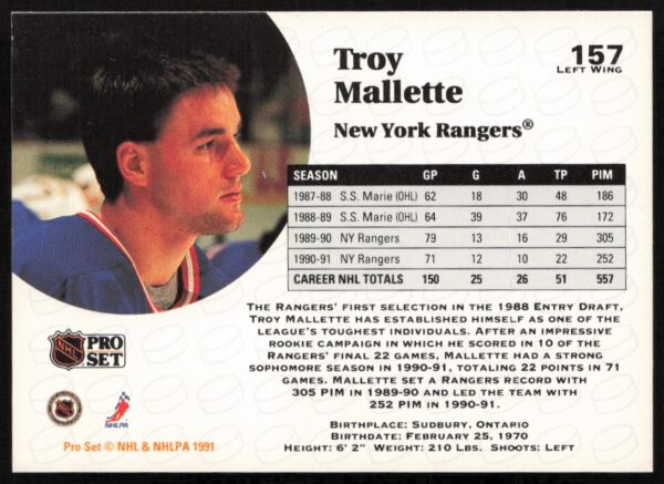 1991-92 Pro Set NHL Troy Mallette #157 (Back)