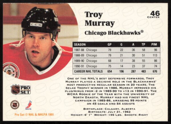 1991-92 Pro Set NHL Troy Murray #46 (Back)