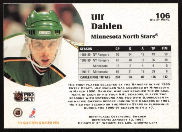 1991-92 Pro Set NHL Ulf Dahlen #106 (Back)