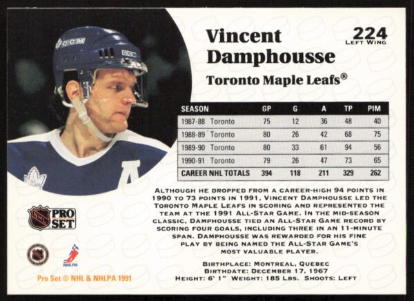 1991-92 Pro Set NHL Vincent Damphousse #224 (Back)