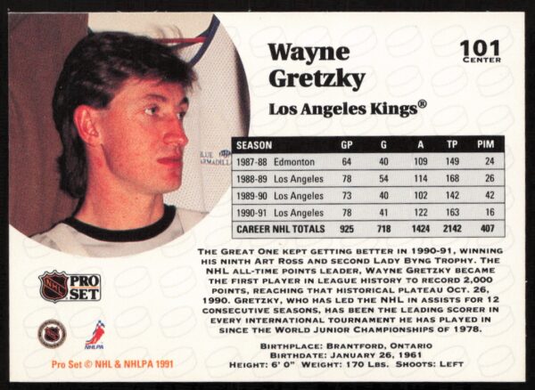 1991-92 Pro Set NHL Wayne Gretzky #101 (Back)