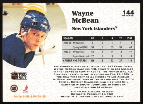 1991-92 Pro Set NHL Wayne McBean #144 (Back)