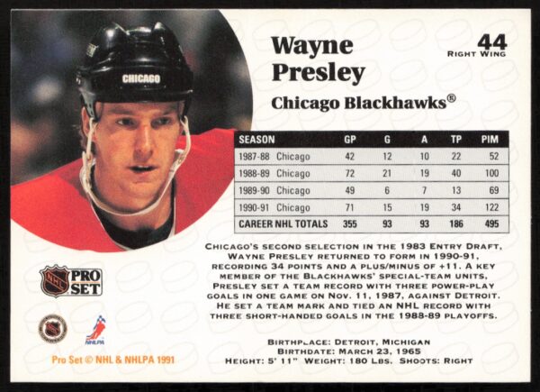 1991-92 Pro Set NHL Wayne Presley #44 (Back)