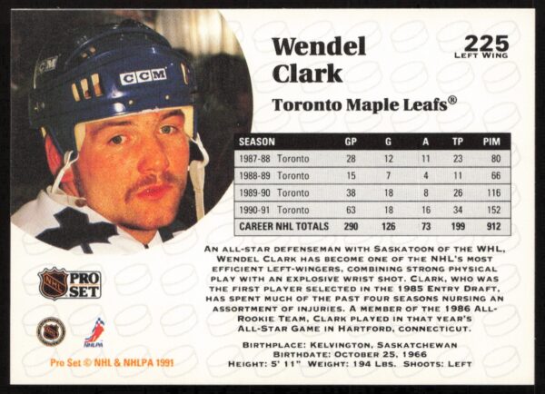 1991-92 Pro Set NHL Wendel Clark #225 (Back)