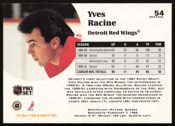 1991-92 Pro Set NHL Yves Racine #54 (Back)