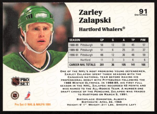 1991-92 Pro Set NHL Zarley Zalapski #91 (Back)