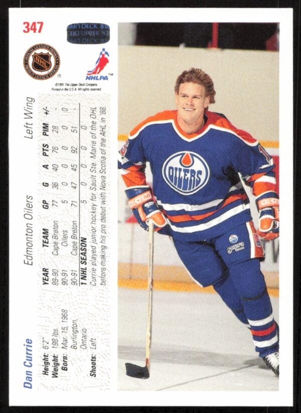 1991-92 Upper Deck Dan Currie #347 (Back)