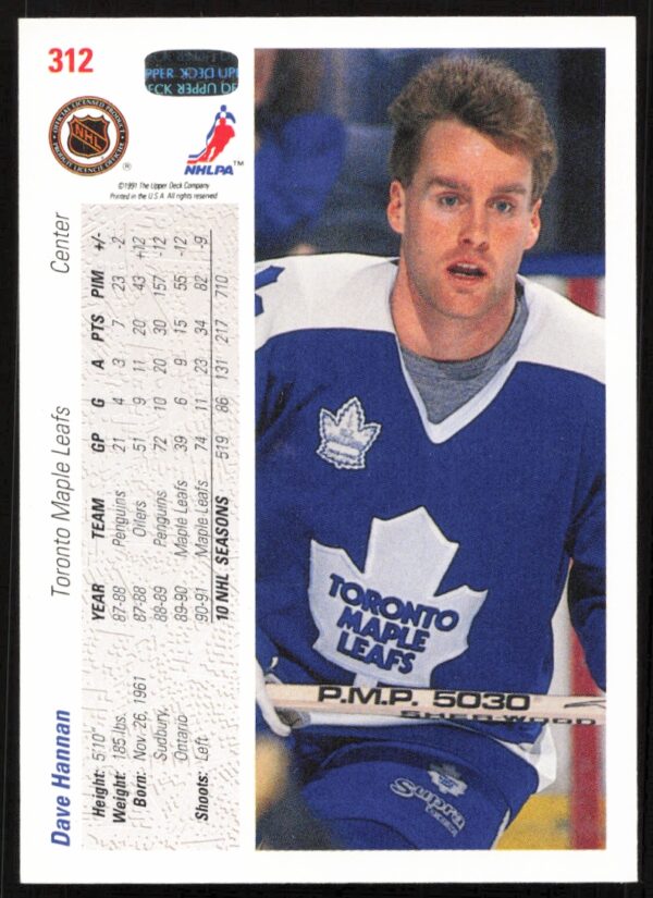 1991-92 Upper Deck Dave Hannan #312 (Back)